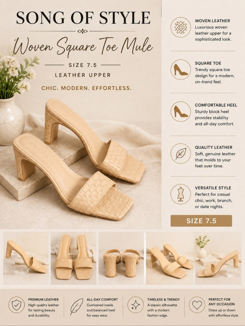 SONG OF STYLE 7.5 Leather Woven Square Toe Mule